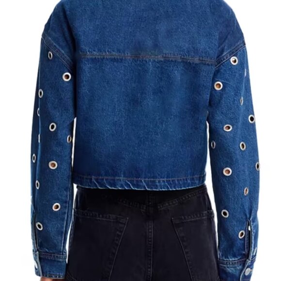 Grommet Eyelet Hollow Out Medium Blue Denim Jacket Size L - Picture 3 of 3
